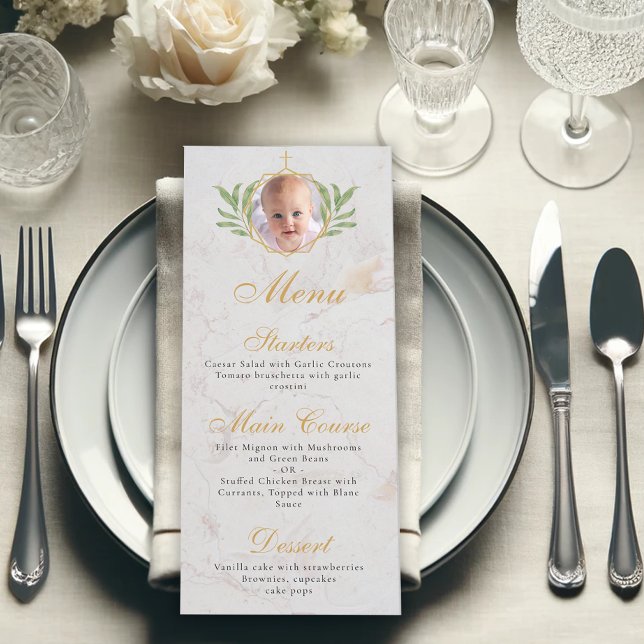 Baptism Photo Botanical Gold Marble Leaves Foliage Menu (Creator Uploaded)
