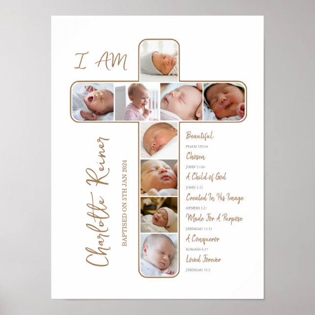 Baptism Photo Collage Crucifix Shape  Poster (Front)