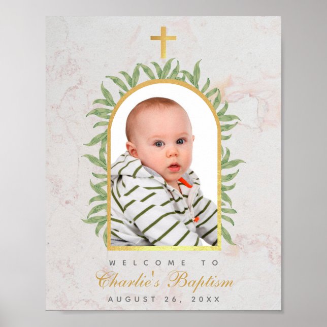 Baptism Photo Faux Gold Arch Greenery Welcome  Poster (Front)