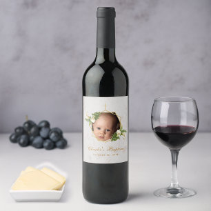 Baptism Photo Floral Calla Lilies Gold Marble  Wine Label