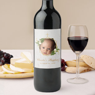 Baptism Photo Floral Calla Lilies Gold Marble Wine Label