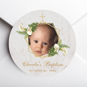 Baptism Photo Floral Calla Lilies Marble Gold  Classic Round Sticker