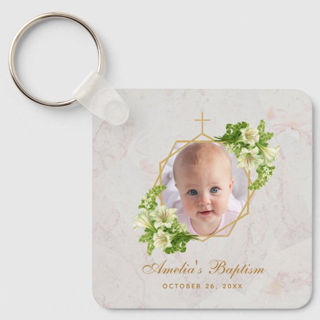Baptism Photo Floral Geometric White Lilies Marble Key Ring (Front)