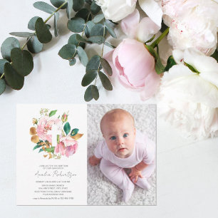 Baptism Photo Floral Girl Watercolor Invitation