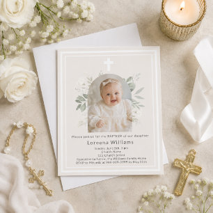 Baptism photo florals ivory beige girl invitation