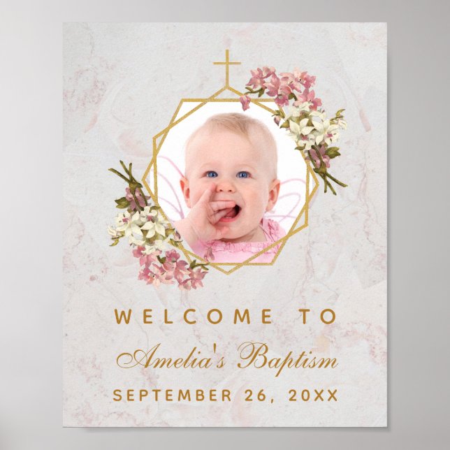 Baptism Photo Girl Gold Pink Orchids Welcome Sign (Front)