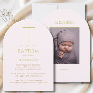 Baptism Photo Gold  Pink  Girls Religious Invitation