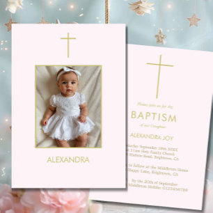  Baptism Photo Gold Pink Girls Religious Invitation