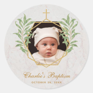 Baptism Photo Greenery Botanical Geometric Marble  Classic Round Sticker