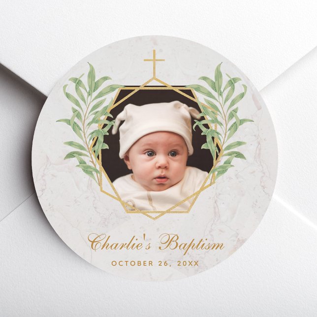 Baptism Photo Greenery Botanical Geometric Marble  Classic Round Sticker (Creator Uploaded)