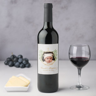 Baptism Photo Greenery Botanical Geometric Marble Wine Label