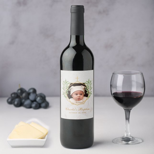 Baptism Photo Greenery Botanical Geometric Marble Wine Label (Creator Uploaded)