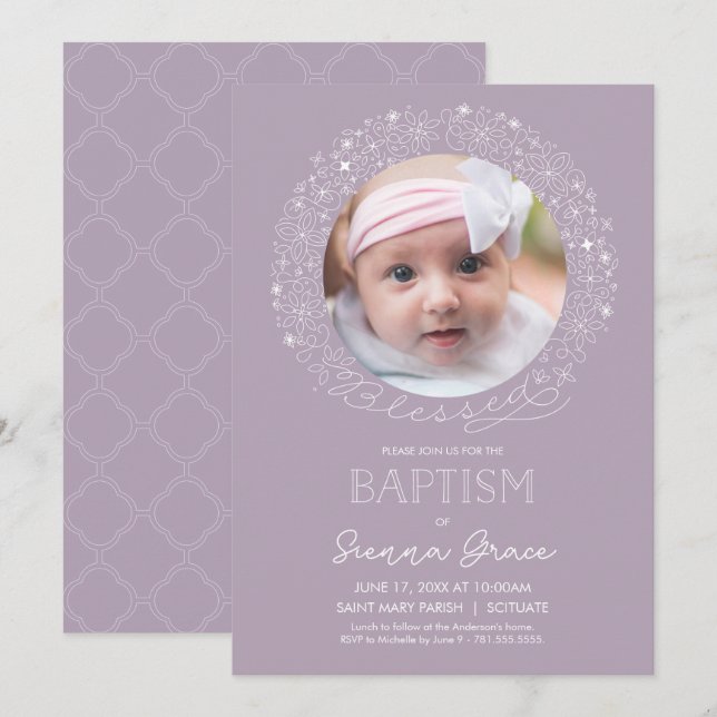 Baptism Photo Invitation, Baby Girl Picture Invite (Front/Back)