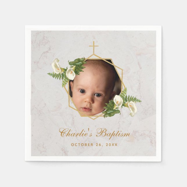 Baptism Photo Marble Floral Calla Lilies Gold  Napkin (Front)