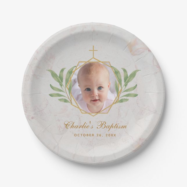 Baptism Photo Marble Leaves Botanical Geometric Paper Plate (Front)