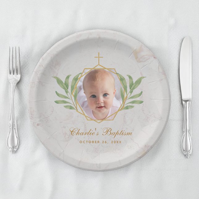 Baptism Photo Marble Leaves Botanical Geometric Paper Plate (Creator Uploaded)