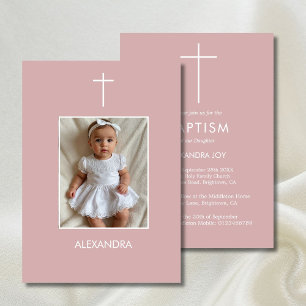 Baptism Photo Pink White Girls Religious Invitation
