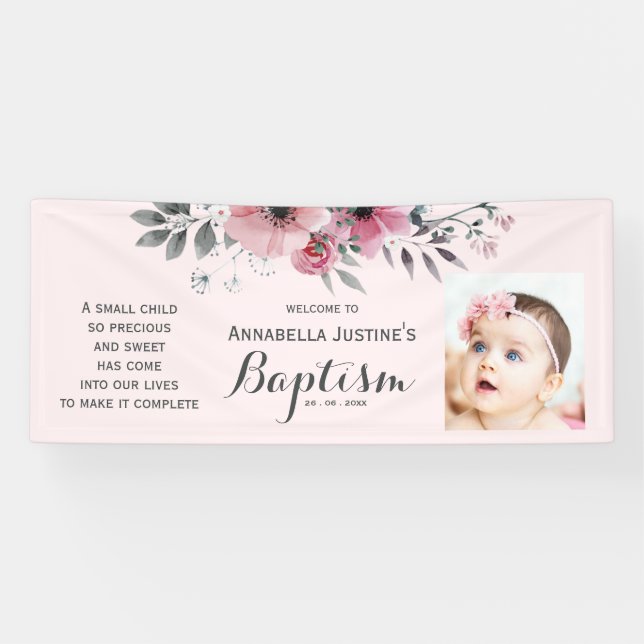 BAPTISM Photo Pretty Pink Floral Event Party Banner (Horizontal)