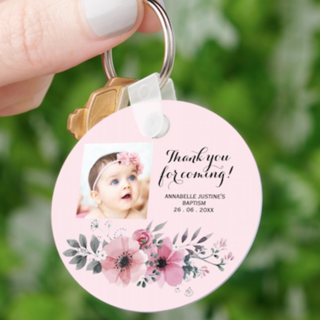 Baptism Photo THANK YOU FOR COMING! Elegant Floral Key Ring (Creator Uploaded)