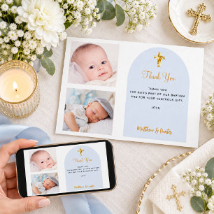 Baptism photo twins blue boys thank you card