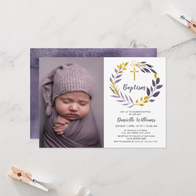 Baptism Photo | Violet Golden Botanical Invitation (Front/Back In Situ)