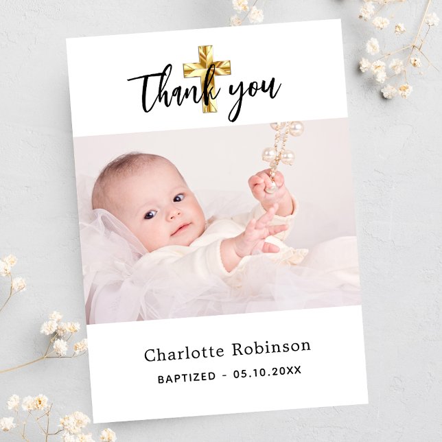 Baptism photo white baby boy girl thank you card (Creator Uploaded)