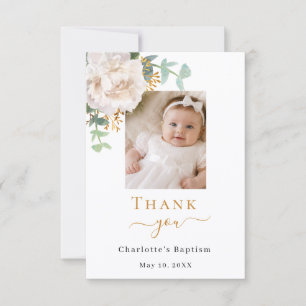 Baptism photo white floral girl thank you card