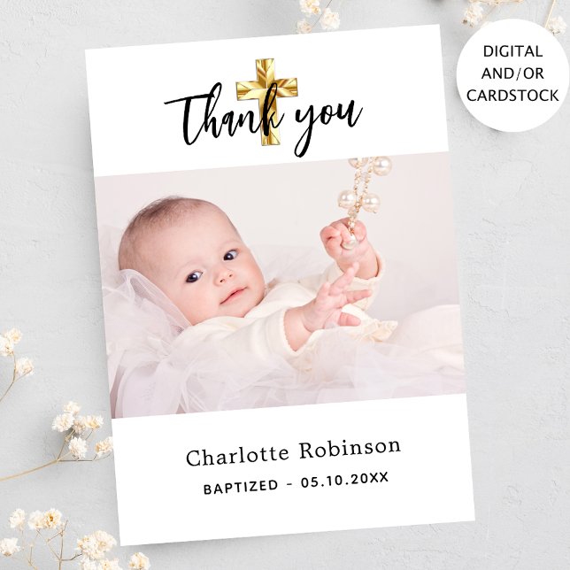 Baptism photo white simple script thank you card (Creator Uploaded)