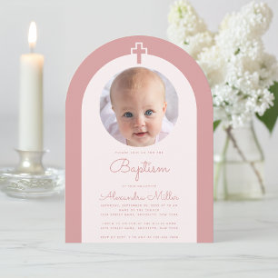 Baptism Pink Arch Girl Photo Dusty Rose Script Invitation