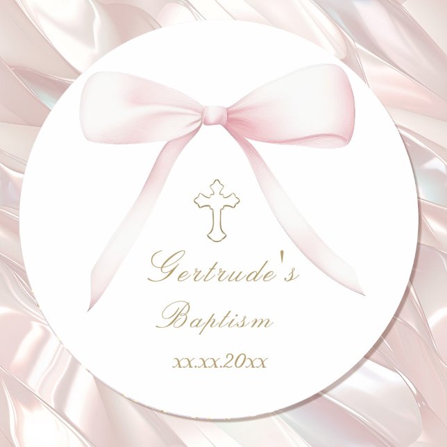 Baptism pink bow baby girl  classic round sticker (Creator Uploaded)