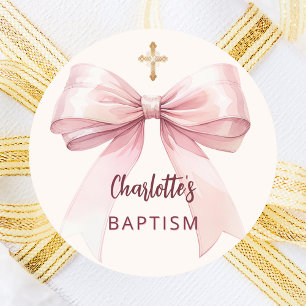 Baptism pink bow girl cross cream peach classic round sticker