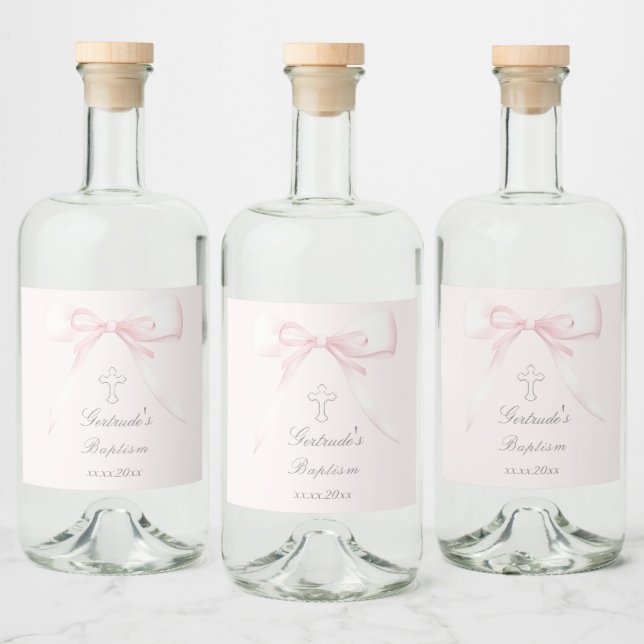 Baptism pink bow liquor bottle label (Bottles)