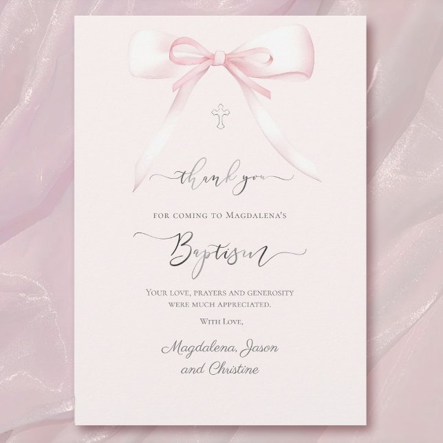 Baptism pink bow thank you for coming card (Creator Uploaded)