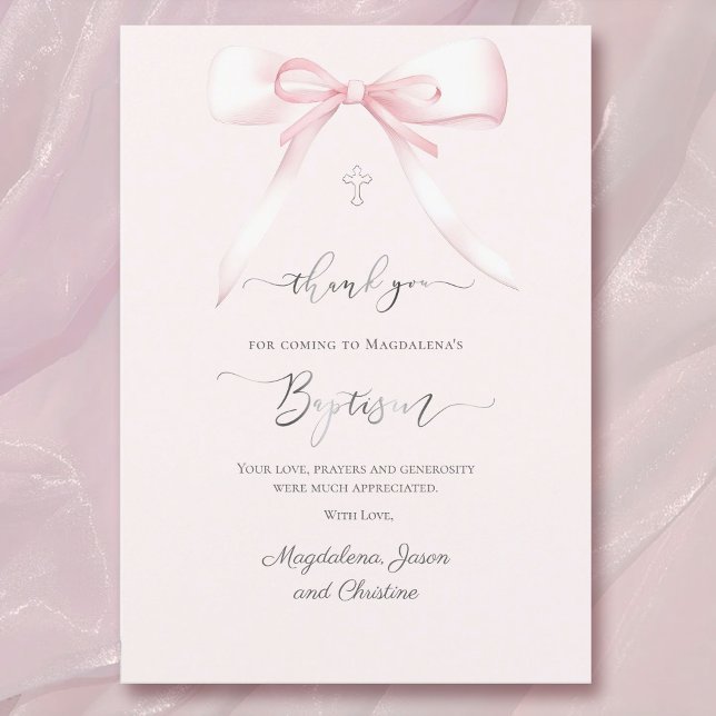 Baptism pink bow thank you for coming card (Creator Uploaded)