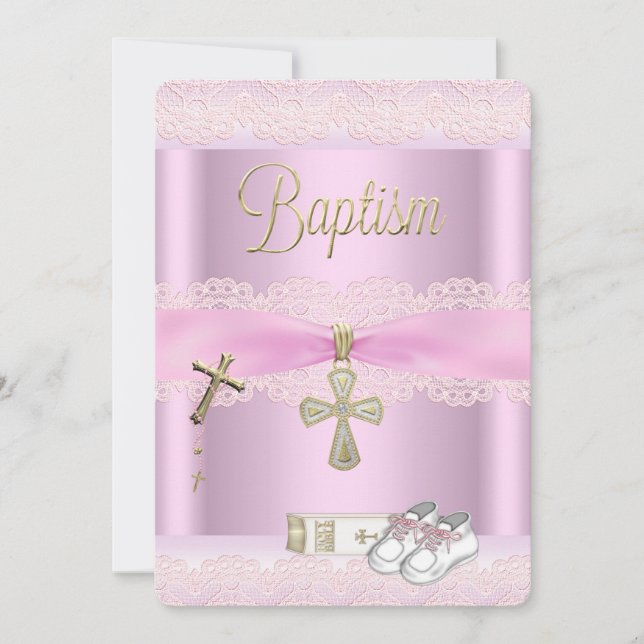 Baptism Pink Cross Girl Lace Christening 2a Invitation (Front)