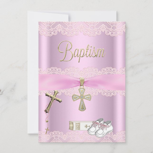 Baptism Pink Cross Girl Lace Christening Invitation (Front)