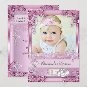 Baptism Pink Cross Girl Photo christening Floral Invitation