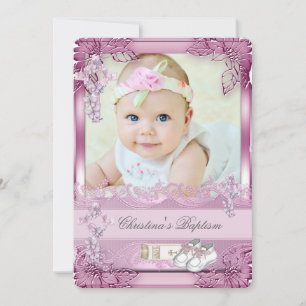 Baptism Pink Cross Girl Photo christening Floral Invitation