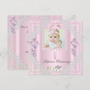 Baptism Pink Cross Girl Photo christening Lace 2 Invitation