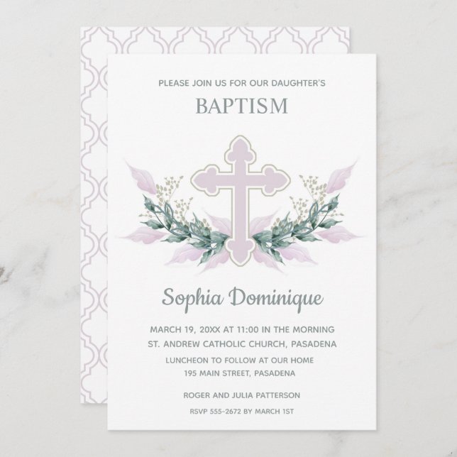 Baptism Pink Cross & Wreath Invitations (Front/Back)