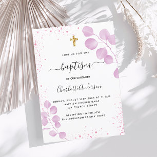 Baptism pink eucalyptus glitter invitation