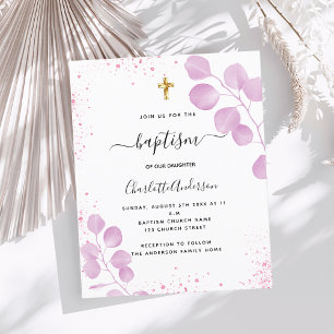 Baptism pink eucalyptus glitter invitation