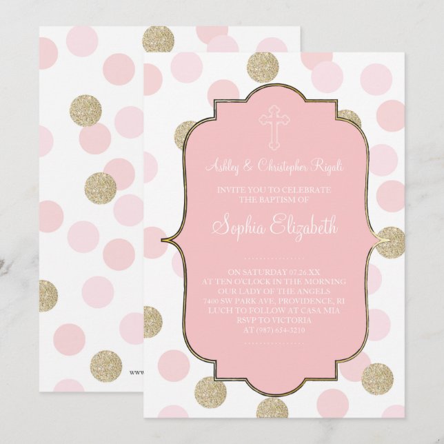 Baptism Pink Faux Gold Glitter Polka Dot Invite (Front/Back)