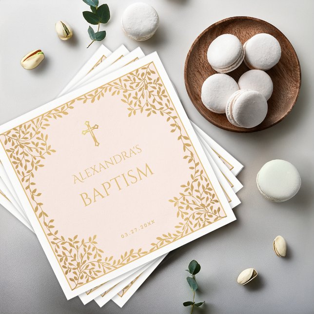 Baptism Pink Faux Gold Leaves Girl Christening Napkin (Creator Uploaded)