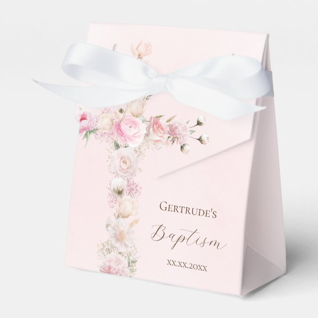 Baptism pink floral cross favour box (Front Side)