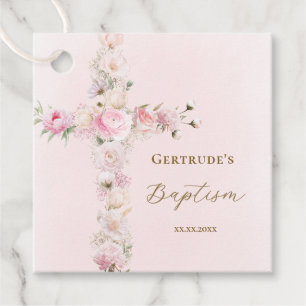 Baptism pink floral cross  favour tags