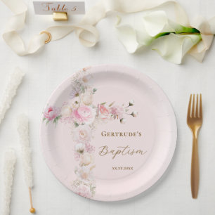 Baptism pink floral cross paper plate