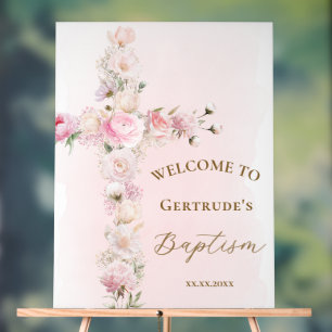 Baptism pink floral cross welcome sign