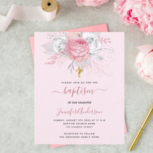Baptism pink floral girl elegant white invitation
