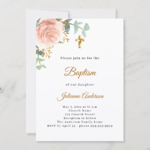 Baptism pink floral girl gold cross invitation